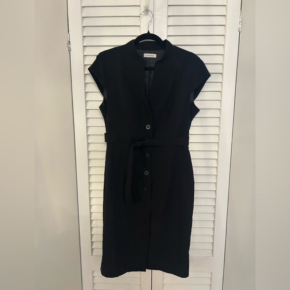 Calvin Klein Black Cap-Sleeve Button Front Knee-Length Dress
